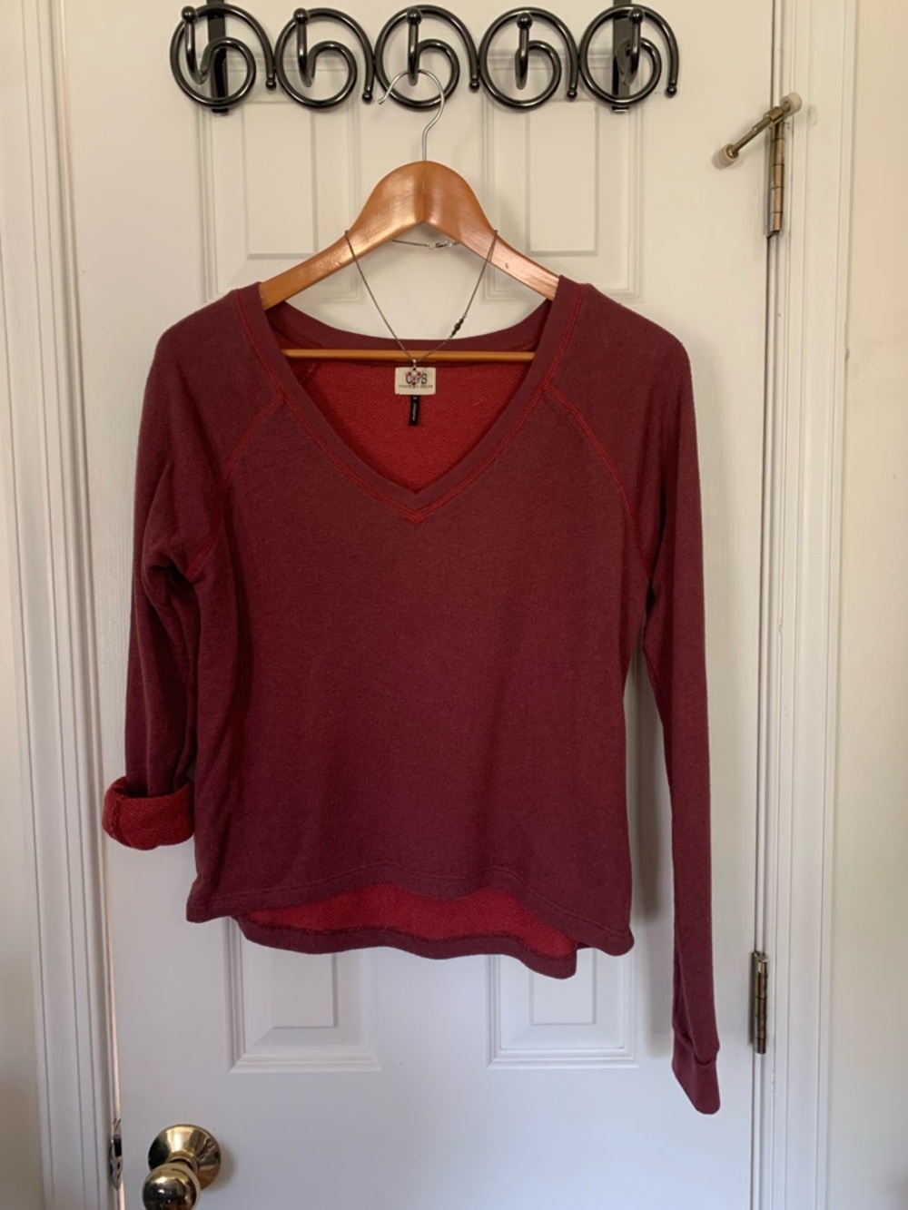 Check & Stripe Burgundy V Neck Pullover